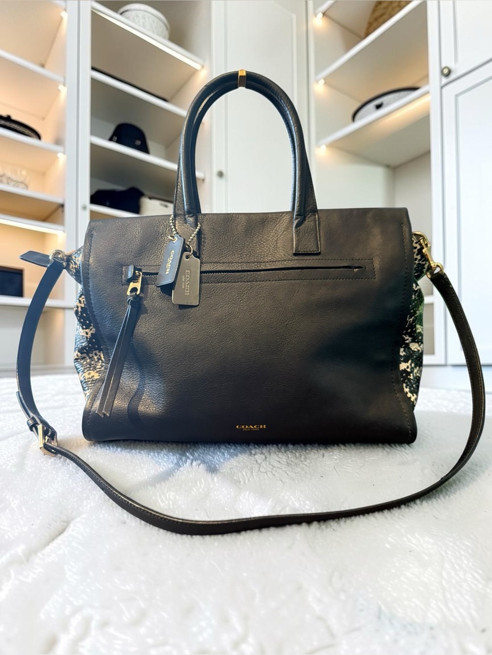 Coach Black Leather Satchel with Gold Hardware and Printed Side Panels
